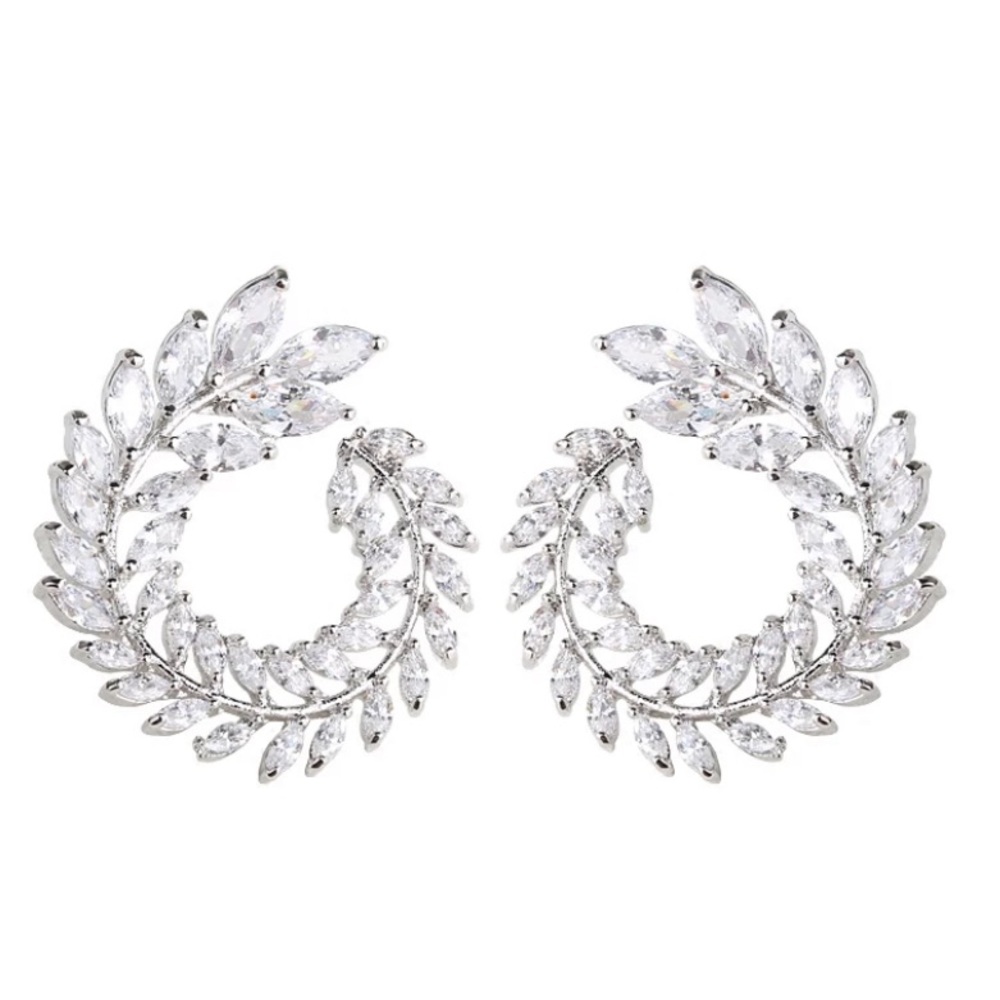 Silver Cubic Zircon Leaf CZ Wreath Rhinestone Diamond Earrings - Picture 7 of 7